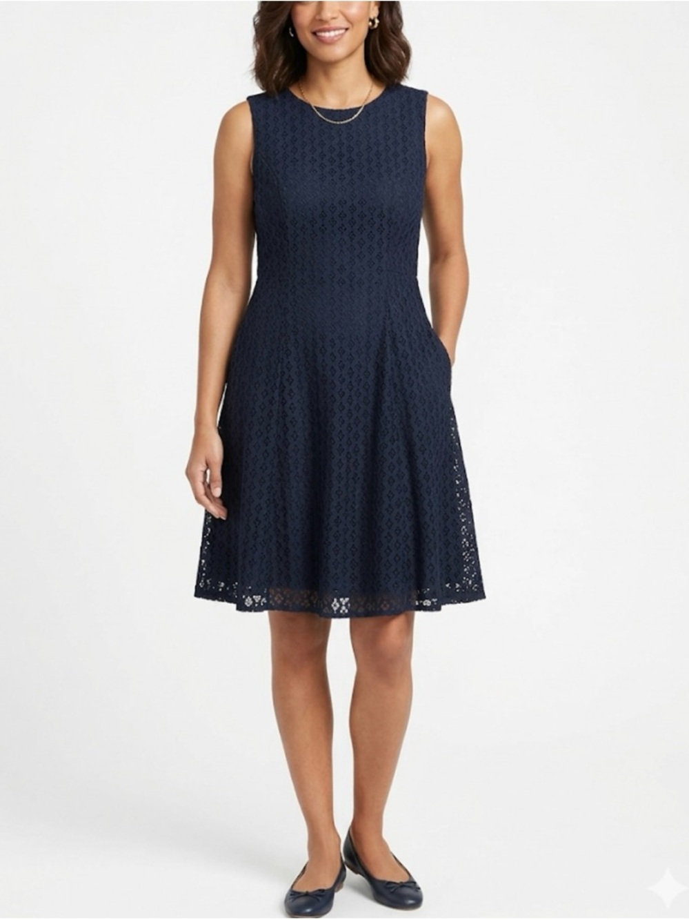DKNY Navy Blue Eyelet Lace Fit Flare Dress Size 2 Sleeveless Cotton Blend